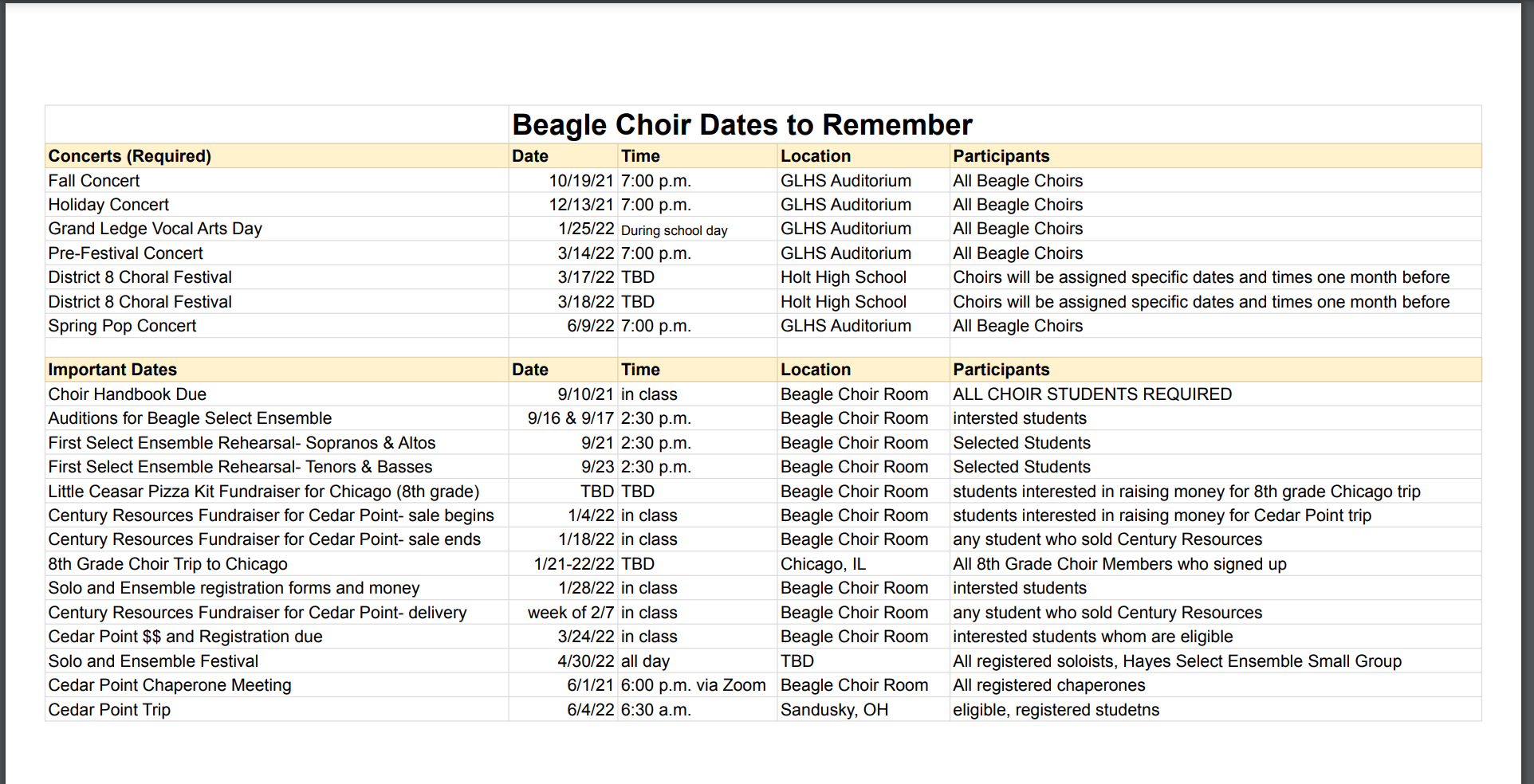 choir calendar