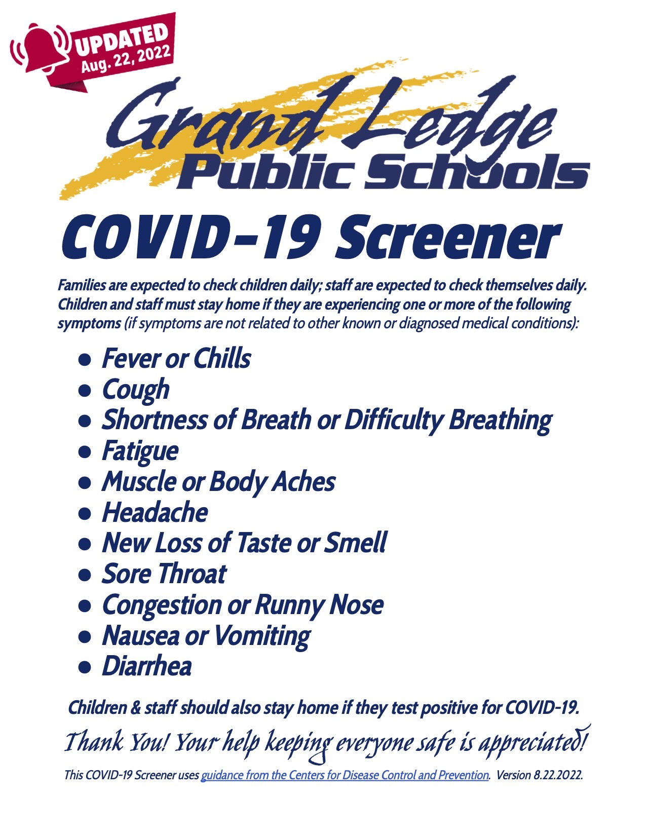 Covid Family Screener, Stay home if you feel sick, are vomiting, coughing, or have a fever.