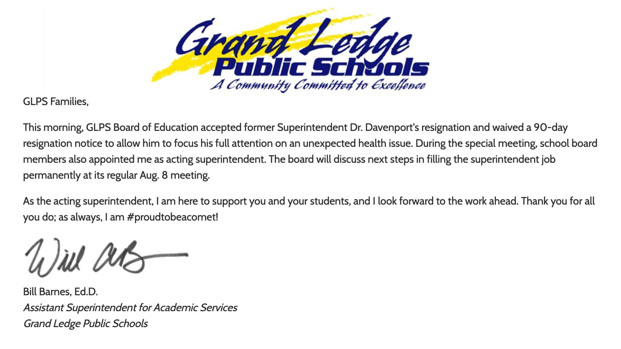 Acting Superintendent message