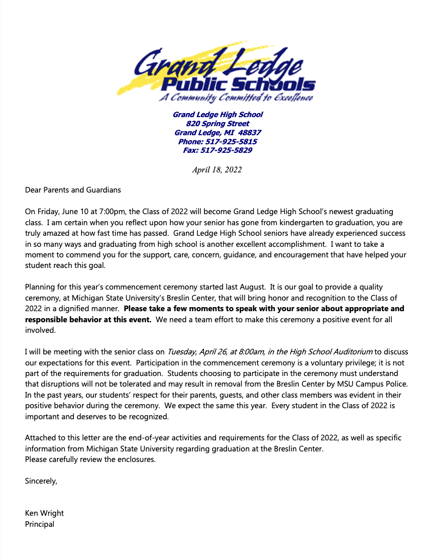 Graduation 2022 letter to parents
